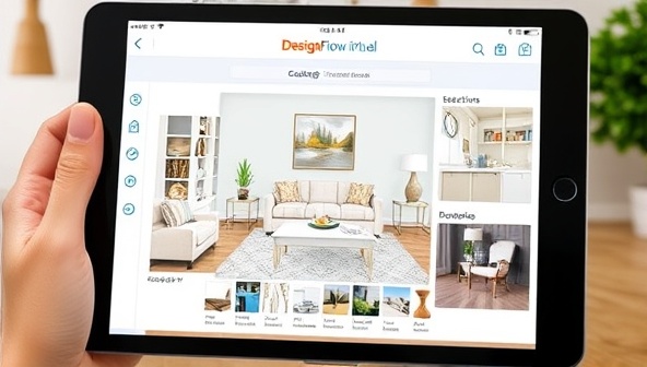 A virtual room design concept displayed on a tablet screen, showcasing a beautifully decorated living space with interactive elements like color swatches, furniture selections, and decor recommendations, providing a visual representation of the virtual design consultation service offered by DesignFlow Virtual.