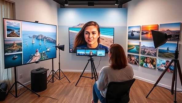 A virtual photography studio setup with a professional photographer guiding participants through a live editing session, surrounded by stunning travel photographs on display, illustrating the immersive and educational experience offered by Capture Wanderlust.
