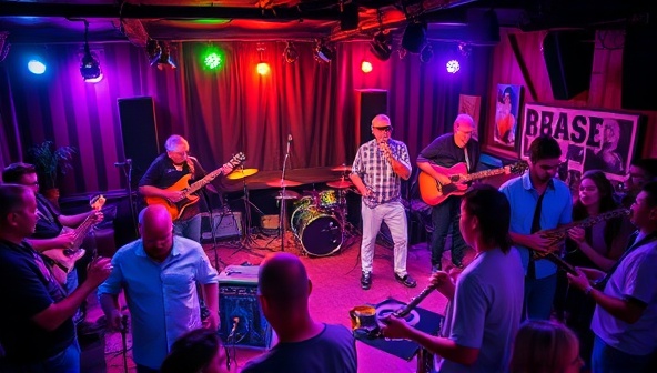 A dynamic music jamming lounge filled with musicians playing various instruments, singers performing on a stage, and participants interacting and collaborating in a vibrant and creative musical space, with colorful lights and a cozy ambiance that inspires musical expression and connection.