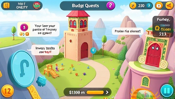 An interactive gameplay screenshot showing a colorful virtual world with financial challenges, budgeting quests, and investment puzzles, engaging users in learning about money management in a fun and immersive gaming environment, with cartoonish characters and vibrant visuals.