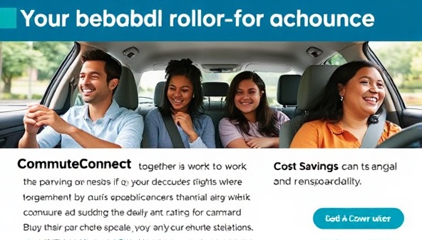 An engaging ad showcasing a diverse group of commuters carpooling together, sharing a ride to work, school, or events, with a focus on convenience, cost savings, and environmental sustainability, illustrating the benefits of using CommuteConnect for daily transportation needs.