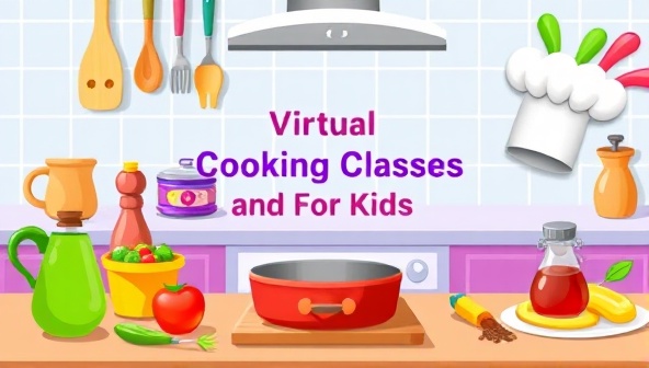 An animated kitchen scene with colorful cooking utensils, ingredients, and a playful chef hat, symbolizing the creativity and excitement of virtual cooking classes for kids, inviting young chefs to explore the joy of cooking in a fun and educational environment.