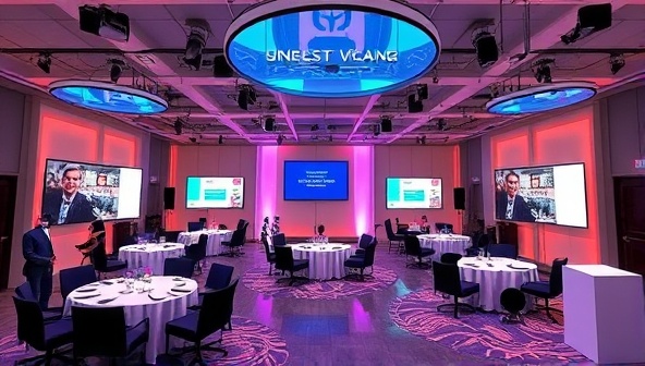 A digital rendering of a virtual event setup with interactive features, networking lounges, and speaker sessions, illustrating the immersive and engaging environment created by VirtuPlan Events for virtual gatherings.