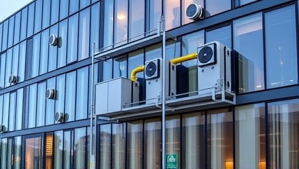 A modern office building with thermal energy storage units discreetly integrated into the infrastructure, showcasing a sustainable and efficient heating and cooling system that reduces environmental impact while optimizing energy usage.