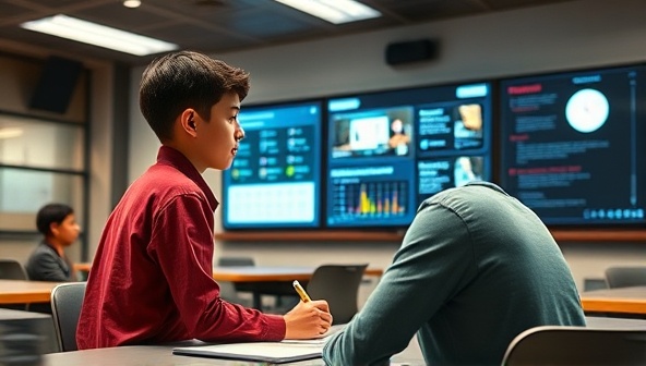 An AI-powered virtual tutor assisting a student in a digital classroom setting, with personalized educational content displayed on the screen and real-time feedback provided, illustrating the seamless integration of technology and personalized learning.