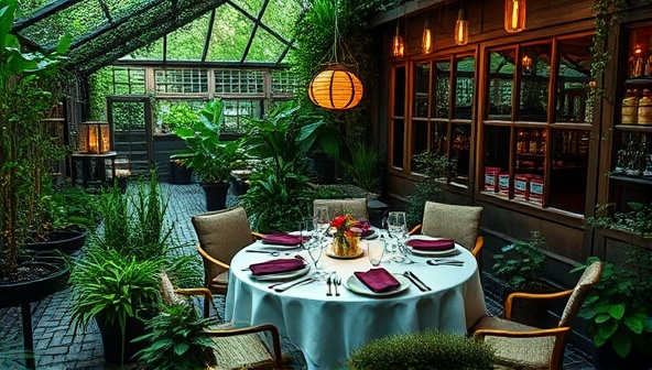An intimate dinner setting in a lush urban garden, with a beautifully set table surrounded by thriving plants and herbs, showcasing the concept of fresh, locally sourced ingredients in a vibrant city environment.