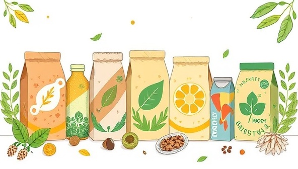 An illustration depicting a range of biodegradable packaging options with vibrant designs, alongside natural elements like leaves and recycled materials, conveying a harmonious blend of sustainability and innovation.