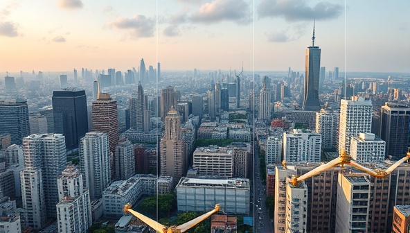 An urban skyline with interconnected buildings powered by a microgrid system, demonstrating energy independence and resilience in a densely populated cityscape, with renewable energy sources integrated seamlessly into the urban environment.