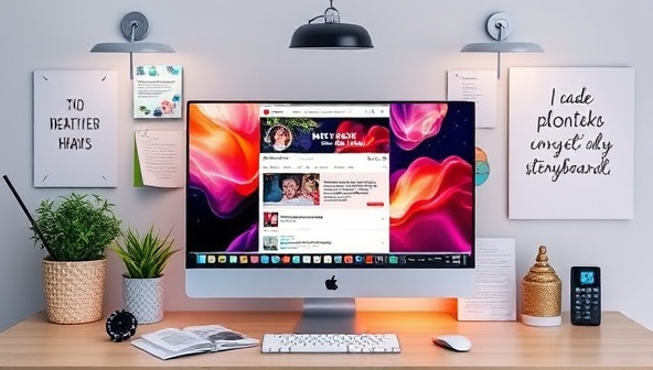 A digital workspace featuring a screen displaying a captivating social media post with an interactive narrative, surrounded by storyboards, creative props, and inspirational quotes, illustrating the dynamic and engaging nature of story-based social media content creation.