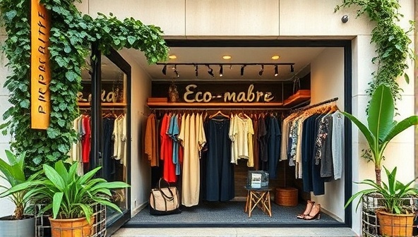 An inviting storefront with a display of trendy, eco-friendly clothing and accessories made from recycled materials, surrounded by lush greenery and eco-conscious branding, inviting shoppers to explore sustainable fashion choices.