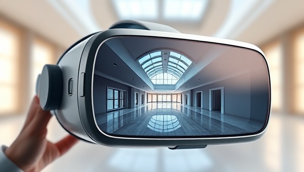 A virtual reality headset displaying a stunning architectural space in 3D, with interactive navigation features and detailed property information, showcasing the immersive and futuristic experience of virtual property tours.