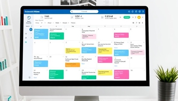 An organized social media content calendar displayed on a computer screen, with colorful post ideas, engagement metrics, and a sleek calendar layout, showcasing the user-friendly and efficient features of ContentWave's social media content calendar tool.