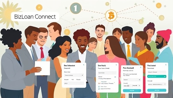 An engaging visual of a diverse group of small business owners and lenders connecting and collaborating on the BizLoan Connect platform, with digital loan application forms, funding options, and growth projections, illustrating the ease and accessibility of securing business loans online.