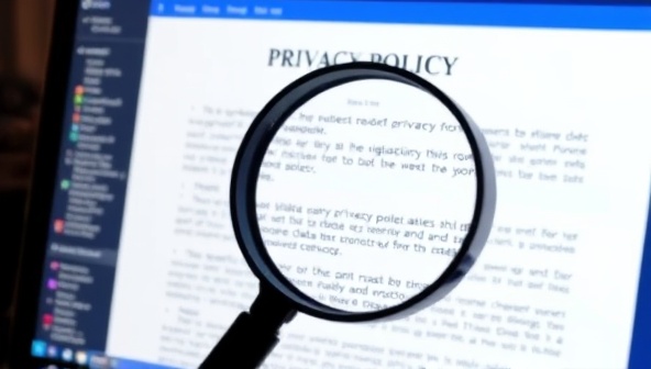 A magnifying glass symbolizing scrutiny and examination focused on a computer screen displaying a privacy policy document and data protection regulations, emphasizing the importance of data privacy compliance and regulatory adherence for businesses.