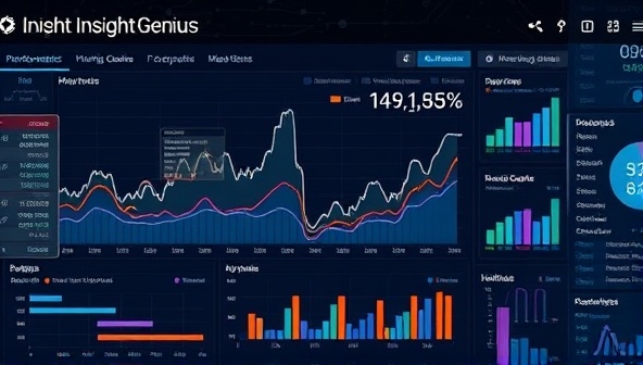 An advanced data visualization dashboard displaying dynamic market trend graphs and insights generated by InsightGenius, with AI algorithms processing data streams in the background, illustrating the sophistication and efficiency of the market research platform.