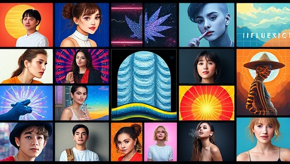 A dynamic digital art gallery featuring a diverse range of online creators, influencers, and artists represented by Influencio, with vibrant visuals and creative expressions showcasing the talent and diversity fostered by the virtual talent agency, inspiring collaboration and innovation.