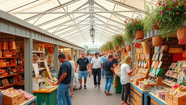 An inviting marketplace setting with vibrant stalls showcasing handcrafted goods, locally sourced produce, artisanal treats, and unique products, bustling with shoppers exploring the diverse offerings and engaging with passionate local vendors, creating a vibrant community hub of creativity and collaboration.