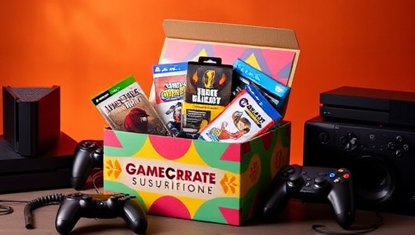 An engaging image of a colorful and creatively designed subscription box filled with gaming merchandise, accessories, and game codes, surrounded by gaming consoles and controllers, evoking the excitement and anticipation of receiving a monthly GameCrate.