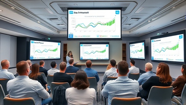 A virtual seminar room filled with digital screens displaying real estate investment graphs and charts, with participants engaging in discussions through video conferencing, illustrating the interactive and informative nature of InvestPro Virtual seminars.