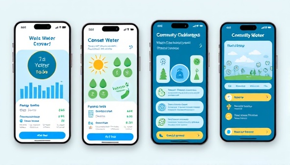 An interactive water conservation app interface showcasing usage statistics, tips, and community challenges.