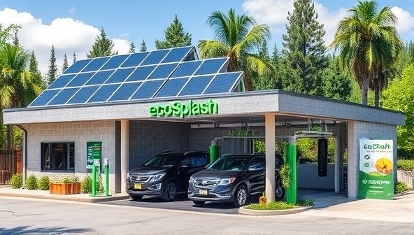 An eco-friendly car wash facility featuring a modern design with solar panels, rainwater collection systems, and visible water recycling equipment, surrounded by lush greenery and eco-conscious branding elements, showcasing the sustainability focus of EcoSplash Car Wash's operations.