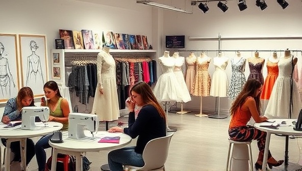 A chic design studio setting with teens sketching fashion illustrations, working on sewing machines, draping fabrics on mannequins, and showcasing their finished garments on a runway, surrounded by mood boards, fabric swatches, and fashion magazines, creating a vibrant and creative fashion design atmosphere.