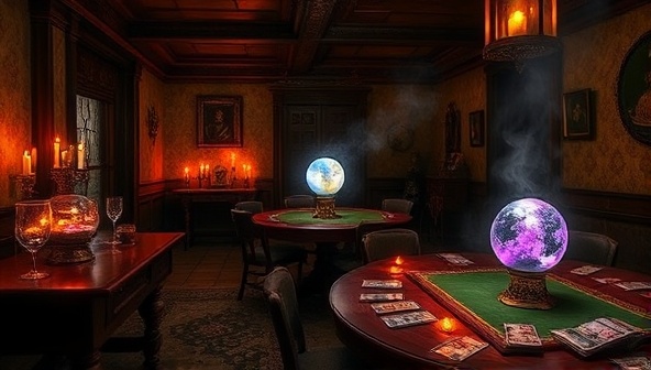 A mystical and enchanting parlor setting with fortune tellers, tarot cards, crystal balls, and gaming tables surrounded by candles and incense, creating a magical and immersive atmosphere at the MysticBet Fortune Parlor.