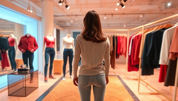 An AR ad experience showcasing a virtual fitting room where users can try on different outfits or accessories, highlighting the immersive and interactive nature of ARtistic Adscape's offerings.
