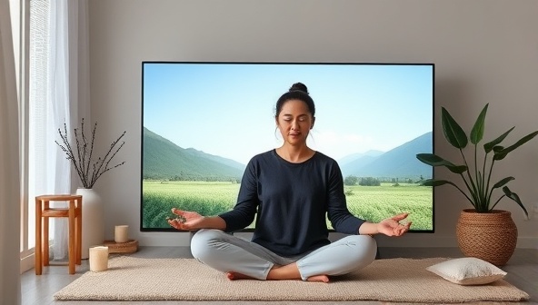 An online mental health coach leading a virtual meditation session with clients, surrounded by calming nature visuals, soothing music, and relaxation props, creating a serene and peaceful virtual space for emotional well-being.