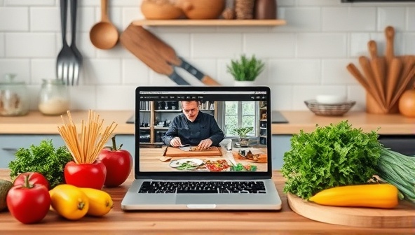 An inviting kitchen setup with fresh ingredients, cooking utensils, and a laptop displaying a live virtual cooking class led by a chef, showcasing the interactive and educational nature of the culinary experience.