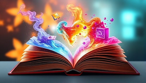 An artistic representation of a digital book opening into a vibrant and interactive world, symbolizing the immersive storytelling experiences created through interactive websites.