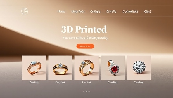An elegant, minimalist website interface showcasing various 3D printed jewelry designs against a sleek, modern background, reflecting sophistication and customization.