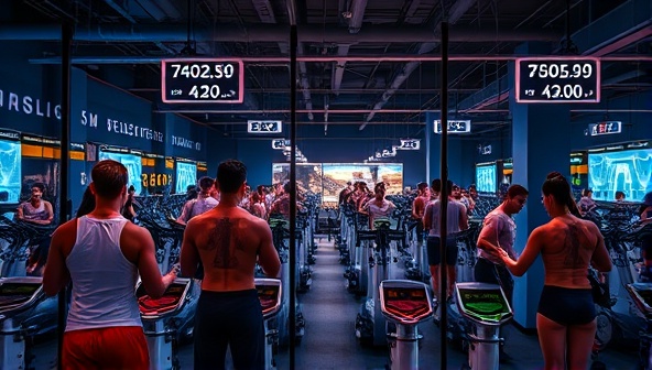 An image of a gym filled with people exercising on energy-generating equipment, with digital displays showing the amount of electricity produced in real-time, creating a dynamic and engaging fitness environment powered by human energy.