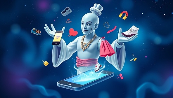 An artistic representation of a virtual shopping assistant in the form of a genie emerging from a smartphone, presenting various fashion items and deals to the user, symbolizing the magical shopping experience powered by AI technology.