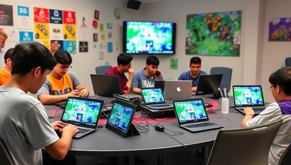 A vibrant workshop setting with participants immersed in designing mobile games on laptops, surrounded by colorful game assets and development tools, showcasing the collaborative and creative environment of GameCraft Studio workshops.