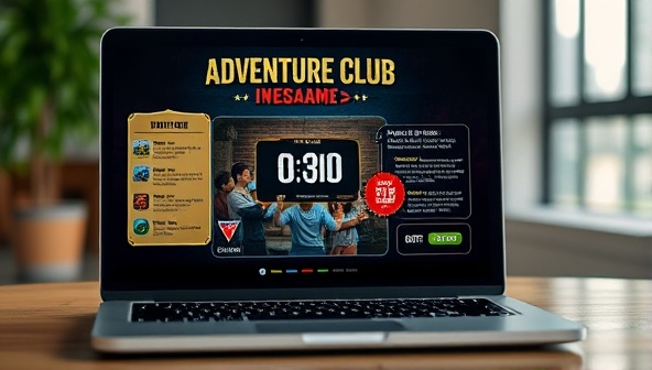 A dynamic adventure club interface featuring a virtual escape room challenge with interactive puzzles, clues, and a countdown timer, displayed on a laptop screen with a group of participants collaborating and strategizing, creating an exhilarating and immersive virtual adventure experience.