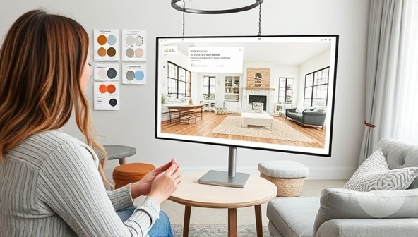 A virtual interior design consultation scene featuring a designer presenting a mood board and 3D room visualization to a client, with design samples, color swatches, and furniture suggestions, illustrating the creative and collaborative design process offered by VirtualVibe Designs.