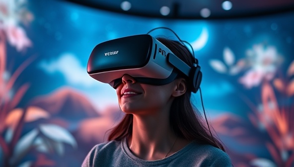 An immersive and captivating VR environment showcasing a client wearing a VR headset, surrounded by calming visuals and therapeutic scenarios, with a therapist guiding the session and observing the client's response, illustrating the transformative power of virtual reality therapy for mental health and well-being.
