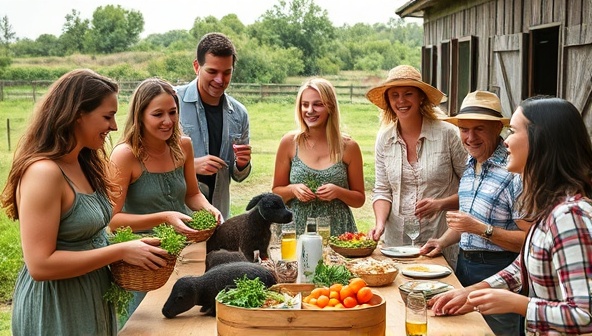 A joyous group of diverse visitors engaging in farm activities such as harvesting produce, feeding animals, and enjoying a communal farm-to-table meal under a rustic outdoor setting, capturing the essence of agri-tourism farm experiences.