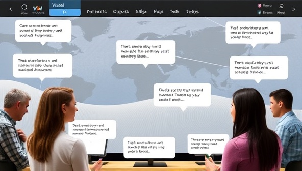 A dynamic website interface displaying voice-activated commands and interactions, with a diverse group of users speaking to navigate the website, illustrating the intuitive and hands-free experience offered by VoxWeb Creations' voice-activated website design services.