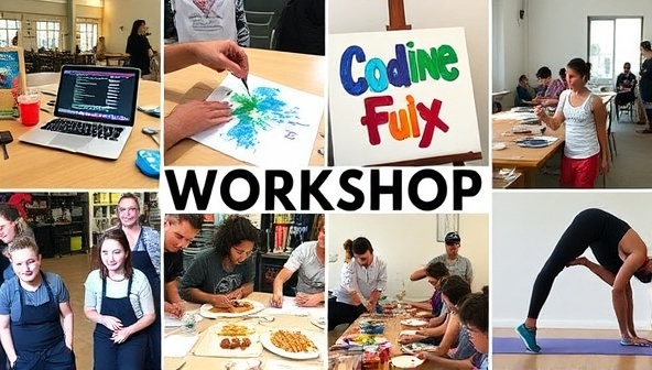 A dynamic collage of workshop images showcasing diverse activities like coding on a laptop, painting on a canvas, culinary cooking, and yoga poses, representing a vibrant and creative learning environment.