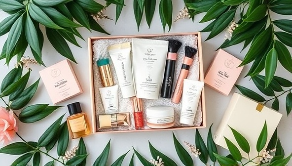 A beautifully curated flat lay of a niche beauty subscription box featuring a variety of full-size and sample beauty products aligned with the chosen niche theme, surrounded by lush greenery and elegant packaging, creating a luxurious and specialized beauty experience.