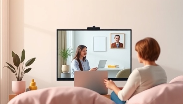 An emotionally supportive image of a virtual therapy session, showing a counselor and client engaged in a video call, surrounded by calming colors and soothing visuals, reflecting the comfort and professionalism of online mental health counseling.