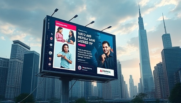 An imaginative visualization of a digital billboard displaying dynamic and personalized advertisements based on real-time consumer data, surrounded by a futuristic cityscape, symbolizing the cutting-edge technology and targeted approach of AdViseAI.