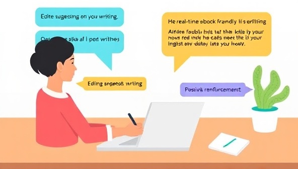 An animated visualization of a user receiving real-time feedback on their writing from a friendly AI assistant, with colorful editing suggestions and positive reinforcement messages, illustrating the convenience and effectiveness of the writing feedback tool.
