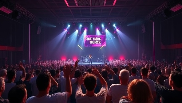 An immersive virtual concert setting with a stage, lights, and a crowd of virtual avatars cheering and interacting with the performers, capturing the excitement and energy of a live music event in a digital environment.