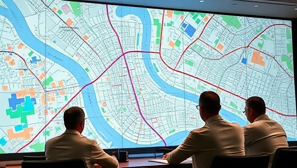 An immersive visualization of a city map overlaid with data layers showing population density, infrastructure networks, and environmental risks, with government officials analyzing the insights on a large screen during a planning meeting, emphasizing the power of geospatial intelligence in urban management.