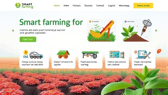 An interactive website interface showing various smart farming tools and technologies with vibrant visuals and easy navigation, symbolizing innovation and efficiency in agriculture.