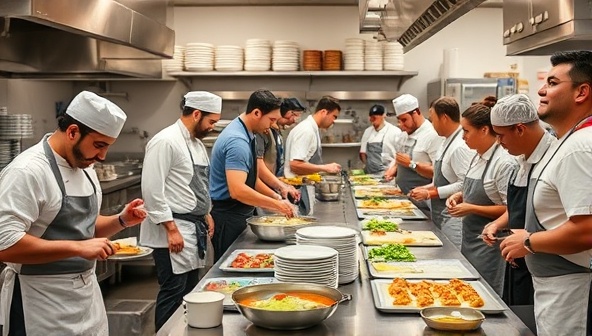 A bustling community kitchen space filled with chefs and food enthusiasts working together in a harmonious environment, sharing culinary tips, tasting each other's creations, and collaborating on new recipes, fostering a sense of camaraderie and culinary innovation.