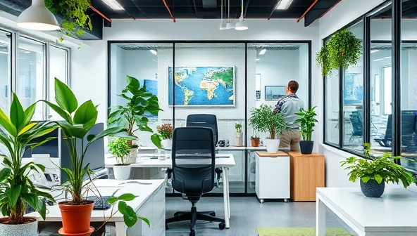 An office setting with eco-friendly décor, plants, and sustainable materials, symbolizing a commitment to environmental responsibility and sustainable business practices.